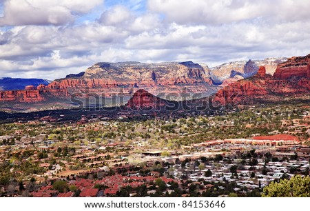 Chimney Rock Bear Mountain Orange Red Rock Canyon Houses, Shopping Malls, Blue Cloudy Sky Green Trees Snow West Sedona Arizona