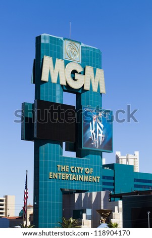 LAS VEGAS - OCTOBER 20: MGM Grand Hotel sign on October 20, 2012  in Las Vegas. The main entrance to the MGM Grand is remodeled for the second time since opening.