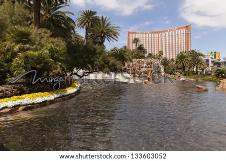 LAS VEGAS - MARCH 30: The Mirage volcano and Treasure Island on MARCH 30, 2013  in Las Vegas. Treasure Island, also known as TI, has received the AAA Four Diamond rating each year since 1999.