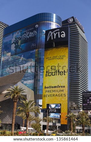 LAS VEGAS - APRIL 19: Aria hotel sign on April 19, 2013  in Las Vegas. Aria Debuted the largest LED sign on the strip in April 2013.