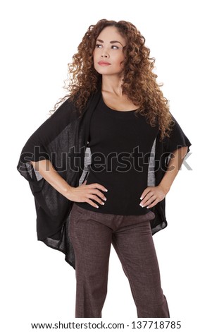 Woman in a black shawl appears to be in deep thought, isolated on white background.