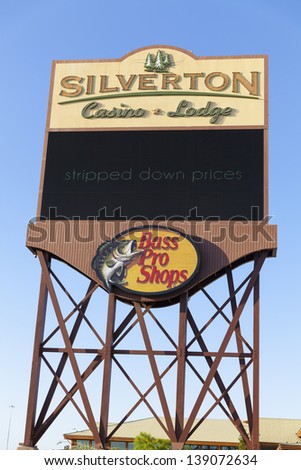 LAS VEGAS - MAY 18, 2013 - Silverton Hotel Sign on May 18, 2013  in Las Vegas. The Silverton Hotel includes a 145,000 sq ft Bass Pro Shop and a Large Salt water Aquarium where mermaids perform.