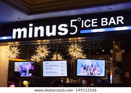 LAS VEGAS - AUGUST 06, 2013 - Minus 5 sign on August 06, 2013  in Las Vegas. Everything inside of the Minus 5 ice bar is made of ice including the glasses.