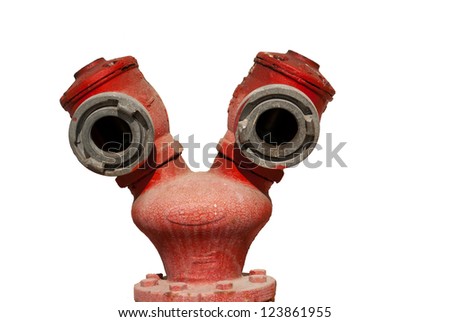 Red fire hydrant by a wall looks like an alien with two big eyes Isolated Over White