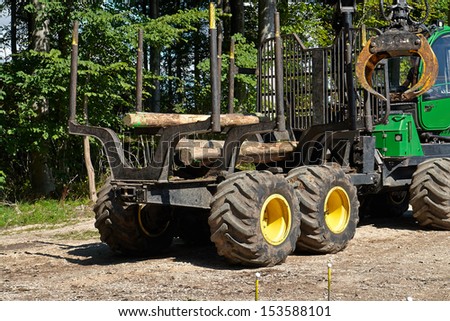 Heavy harvester loader truck doing forestry work in the forest with logs