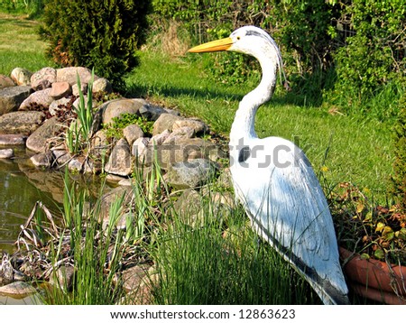 King fisher bird next to a decorative home garden pond