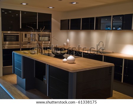 Modern Design Trendy Kitchen With Black And Wood Elements Stock ...