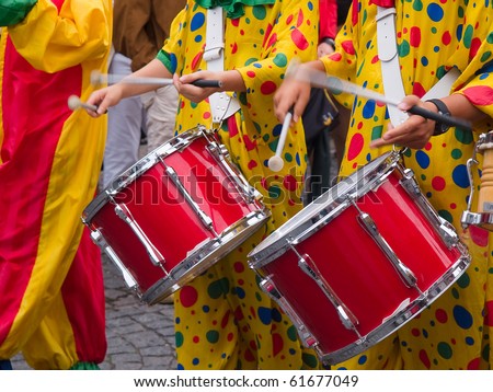 Rio Brazil Samba Cranival music played on drums by colorfully dressed  musicians