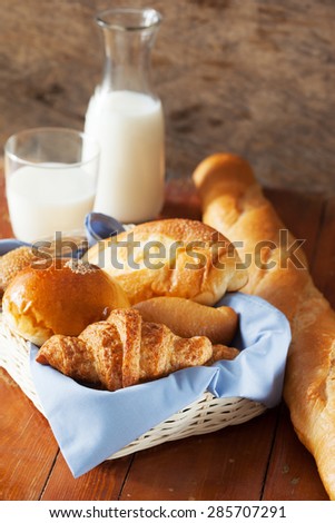 croissant ,bun and bread in basket for breakfast