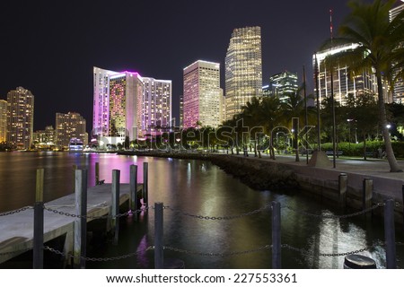 MIAMI,FLORIDA/USA-OCTOBER 29: Miami financial district by the Bayside at night with lights reflecting on water on October 29th 2014 in the City of Miami close to Biscayne Boulevard, Florida