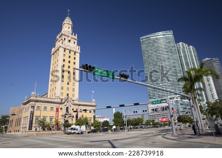MIAMI,FLORIDA/USA-OCTOBER 30: Miami Freedom Tower Museum and cross streets between Biscayne Boulevard and US 1 as in October 30th 2014 in the City of Miami, Florida.