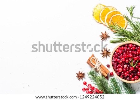 Christmas food drink background. Ingredients for cooking - cranberry, rosemary, orange and  anise on white background. Top view copy space.