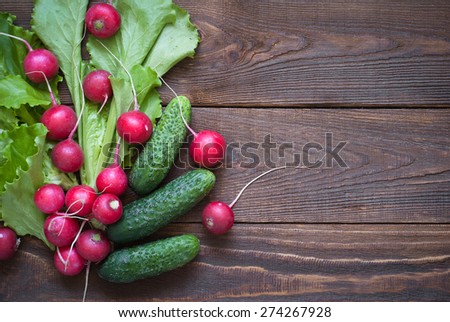 Lettuce cucumbers and radishes - ingredients for a salad. Free space for text