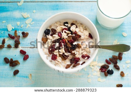 Healthy Breakfast - Oatmeal with dried fruit and glass of milk.