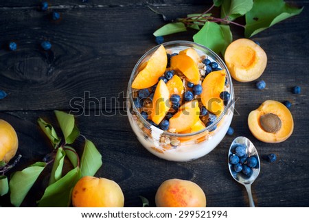 Homemade yogurt with granola, blueberries and apricots. Selective focus.