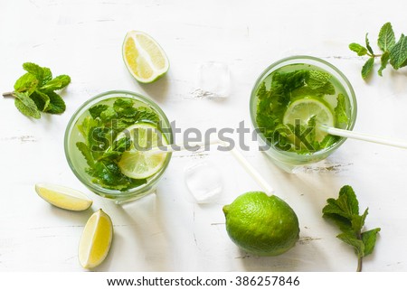 Tradition Summer drink mojito with lime and mint. Top view with copy space.