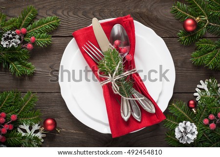 Christmas table setting with christmas decorations,. Top view, copyspace.