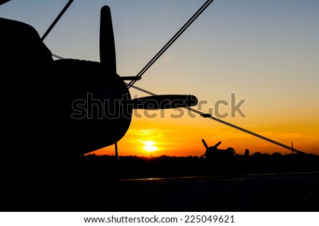 Double winged propeller silhouetted against a golden sunrise sunset.