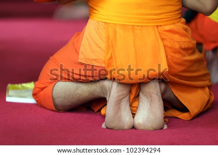 closeup on buddhist monk sole of the foot during praying ceremony, Thailand