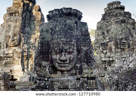 Angkor Bayon temple giant faces sculptures, Cambodia