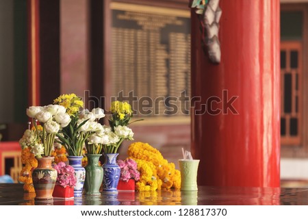 Flower religious offerings in Chinese temple, Thailand
