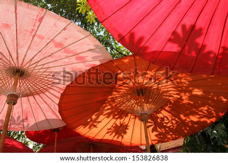 Oriental umbrellas and leaves shadow in Thailand