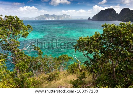 Tropical sea landscape view from the Snake island viewpoint in Palawan, El Nido, Philippines