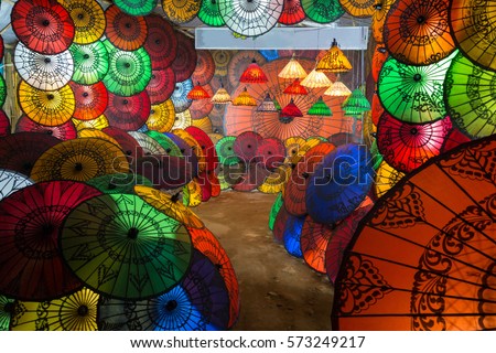 Traditional Burmese umbrellas shop exhibition in Myanmar
