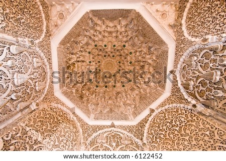 rich decorated ceiling in a morocco palace, Marrakesh