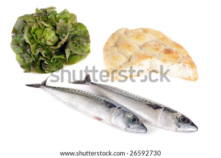 mackerel bread and fresh salad isolated on white focus on the fishes heads