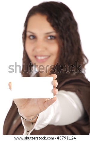 woman showing business card isolated on white, focus on hand