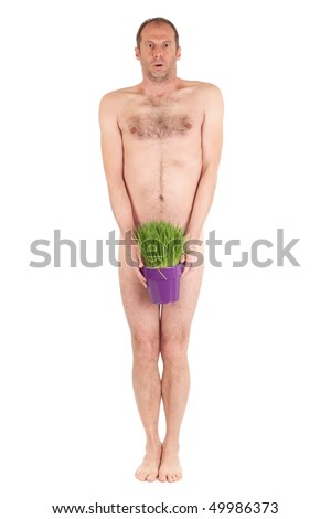 stock photo nude man standing and holding grass flowerpot isolated on stock photo nude man standing and holding grass flowerpot isolated on