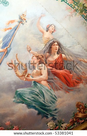 French paintings on theater ceiling in Cahors showing nude woman and french flag. republic symbol