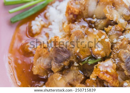Freshly baked crispy pork eating with rice and red sauce.