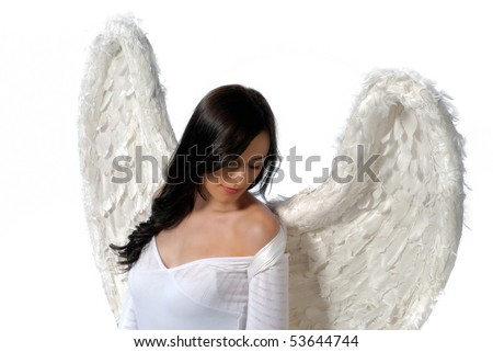 stock photo Young woman with angel wings isolated on white