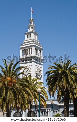 The clock tower on top of the San Francisco Ferry Building. The 245-foot tall clock tower, has four clock dials, each 22 feet in diameter.