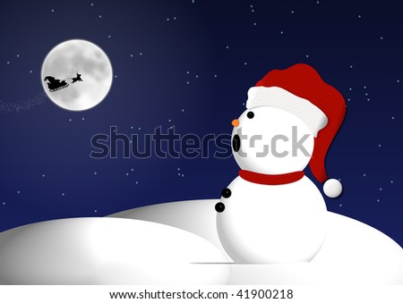 Snowman watching in wonder as Santa travels the night sky across a full moon on Christmas Eve.