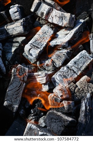 Flaming wood charcoal