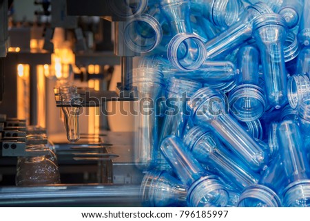 Abstract scene of  blowing bottle process  and raw material for plastic bottle blowing process .The sample of  injection process.