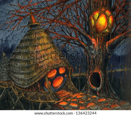 The fairy-tale hut in the dark woods lit fantastic lantern