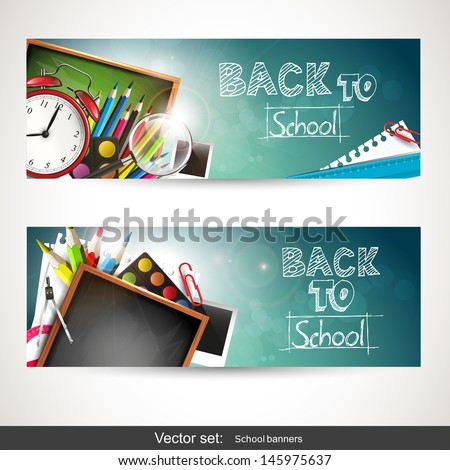 Set Of Two Horizontal Banners With School Supplies