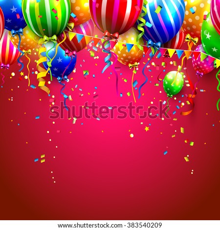 Birthday Card With Colorful Balloons And Confetti On Red Background 