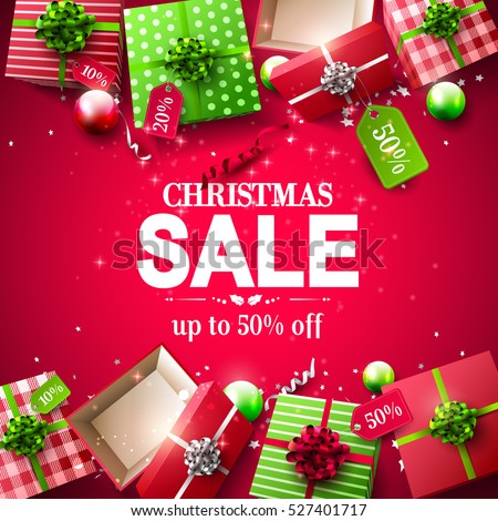 Christmas sale poster with red and green gift boxes with price tags
