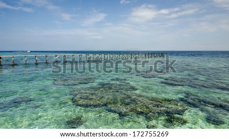 view of old broken jetty during sunny day with coral and green sea water.