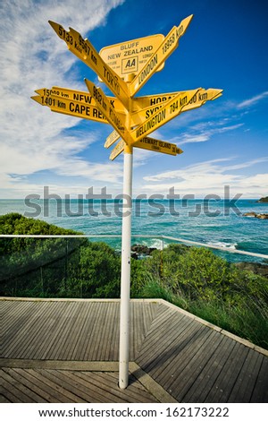 Global signpost - world distances measured from the world\'s southernmost signpost in Bluff, New Zealand.