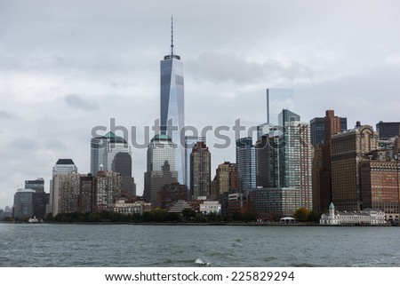 NEW YORK - OCTOBER 15: Lower mahattan and One World Trade Center (Freedom Tower) on October 15, 2014 in New York City, New York.is the primary building of the new World Trade Center complex