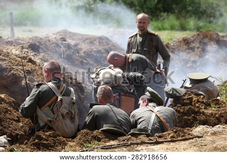 BOLIMOW, POLAND - MAY 31, 2015: First World War. Military reconstruction commemorating the hundredth anniversary  of the first use of gas warfare on the battlefield at May 31, 2015 Bolimow, Poland.