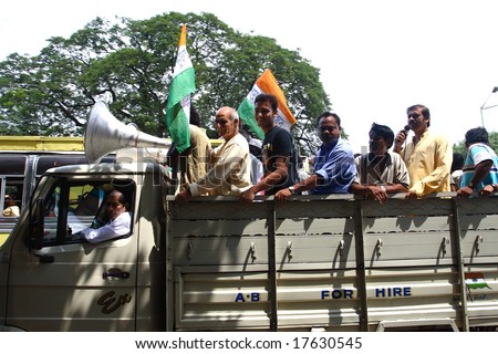 CALCUTTA, INDIA - JUNE 15: a group of hindu people riding the then political meeting June 15, 2008 in Calcutta, India
