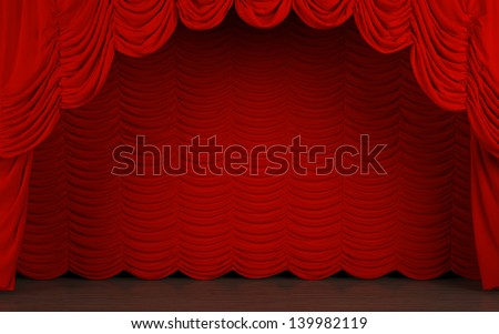 Theater stage with red velvet curtain.