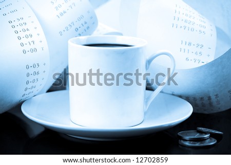 Coffee Cup, Change and Adding Machine Tape in Blue Tones